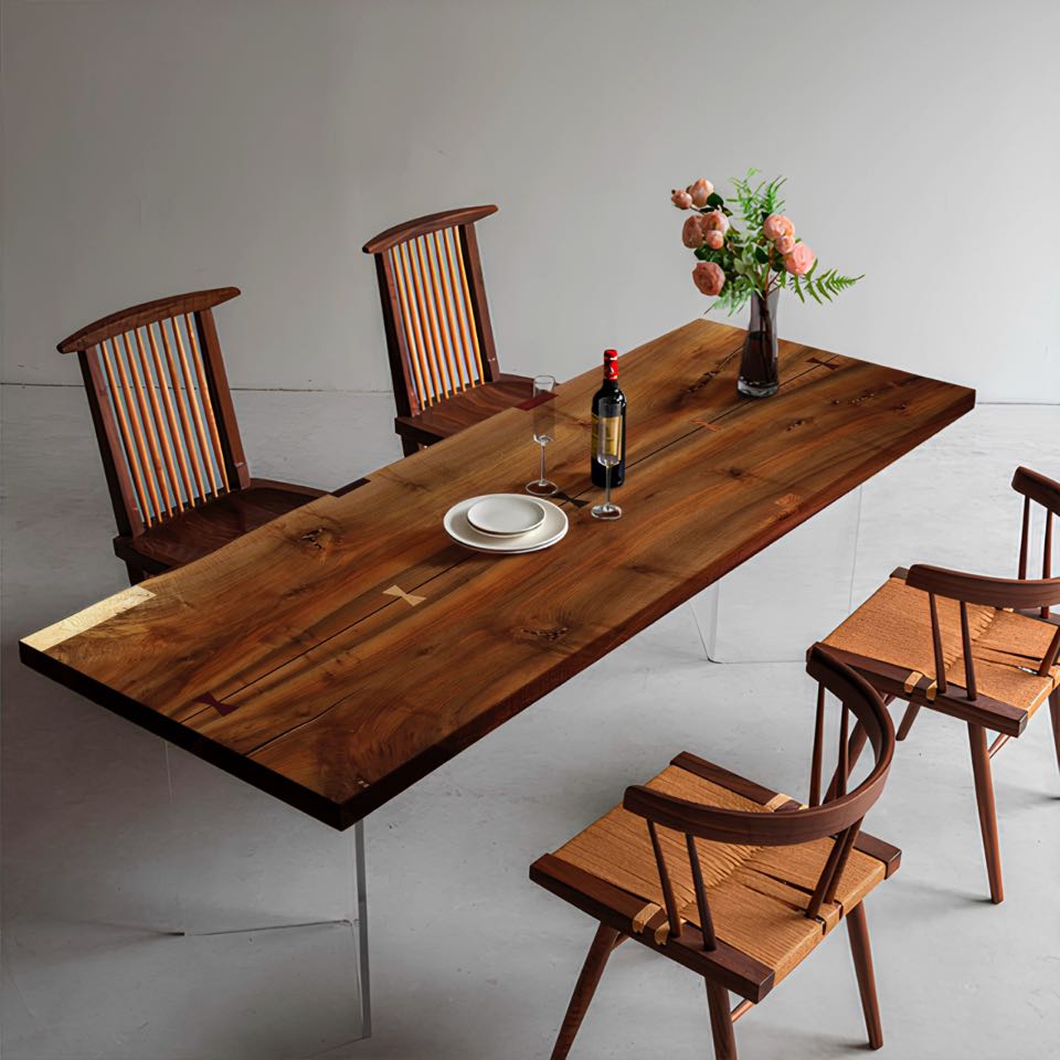 Mesas de diseño creadas a partir de piezas enteras de madera con incrustaciones de resinas